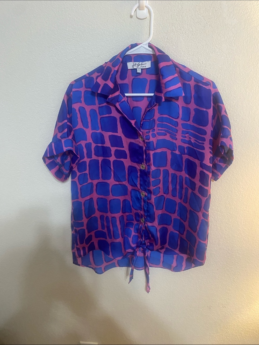 Jeff Gallano Paris Blue and Pink Abstract Grid Button-Down Top